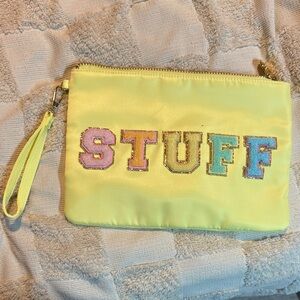 Yellow Clutch with Multicolor 'STUFF' Embroidery